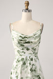 Vestido de fiesta de la línea A floral verde con cuello de capucha con abertura