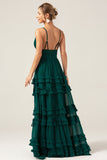 Vestido de fiesta escalonado de tirantes de espagueti de línea A verde oscuro con plisado