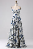 Vestido de fiesta largo con corsé estampado azul plisado con abertura