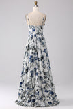 Vestido de fiesta largo con corsé estampado azul plisado con abertura