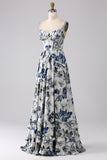 Vestido de fiesta largo con corsé estampado azul plisado con abertura