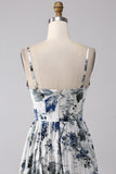 Vestido de fiesta largo con corsé estampado azul plisado con abertura