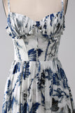 Vestido de fiesta largo con corsé estampado azul plisado con abertura