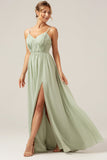 Dusty Sage A-Line Spaghetti Straps Chiffon Vestido largo de dama de honor con abertura