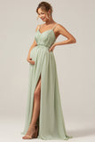 Dusty Sage A-Line Spaghetti Straps Chiffon Vestido largo de dama de honor con abertura