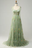 Tul verde A Line Corset Vestido de Fiesta de Talla Grande con Bordado