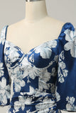 Vestido de dama de honor floral azul con mangas