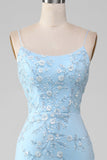 Vestido de fiesta largo de sirena con cuentas azul claro brillante