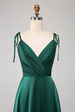 Vestido de fiesta fruncido con tirantes finos verde oscuro simple con abertura