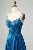 Azul Oscuro Brillante Vestido de Fiesta Largo con Corsé y Abertura