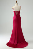 Vestido Largo de Fiesta en Borgoña con Corsé de Sirena y Abertura