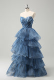 Vestido de fiesta largo largo con bordado de línea A gris azul sin tirantes