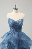 Vestido de fiesta largo largo con bordado de línea A gris azul sin tirantes