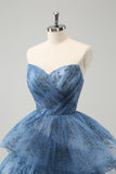 Vestido de fiesta largo largo con bordado de línea A gris azul sin tirantes