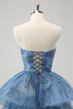 Vestido de fiesta largo largo con bordado de línea A gris azul sin tirantes