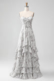 Vestido de Dama de Honor en Blanco con Estampado Marrón y Falda en Capas