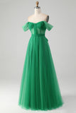 Vestido de Fiesta Largo en Verde Oscuro, Tipo Una Línea con Corsé y Sin Hombros