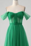 Vestido de Fiesta Largo en Verde Oscuro, Tipo Una Línea con Corsé y Sin Hombros