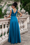 Azul Cobalto Vestido de dama de Honor Largo con Pliegues y Escote en V