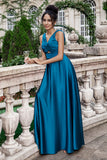 Azul Cobalto Vestido de dama de Honor Largo con Pliegues y Escote en V
