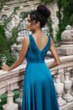 Azul Cobalto Vestido de dama de Honor Largo con Pliegues y Escote en V