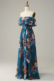 Vestido de dama de honor largo de gasa floral azul oscuro