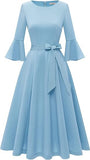 Elegante de la Mujer de manga acampanada vestidos de fiesta de cóctel para la boda de invitados Fit and Flare Modesto Iglesia Midi Vestido de noche