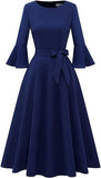 Elegante de la Mujer de manga acampanada vestidos de fiesta de cóctel para la boda de invitados Fit and Flare Modesto Iglesia Midi Vestido de noche