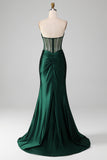 Vestido de fiesta corsé verde oscuro de sirena con frente dividido