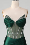 Vestido de fiesta corsé verde oscuro de sirena con frente dividido