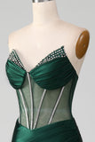 Vestido de fiesta corsé verde oscuro de sirena con frente dividido