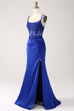 Corsé de sirena azul real vestido largo de fiesta con cuentas con abertura