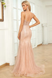 Sirena Espagueti Tirantes Lentejuelas Rubor Vestido Formal Largo con Cola