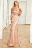 Sirena Espagueti Tirantes Lentejuelas Rubor Vestido Formal Largo con Cola