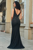Vestido de fiesta largo de encaje negro con cuello en V profundo de sirena brillante con abalorios
