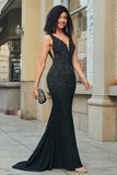 Vestido de fiesta largo de encaje negro con cuello en V profundo de sirena brillante con abalorios