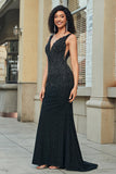Vestido de fiesta largo de encaje negro con cuello en V profundo de sirena brillante con abalorios