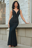 Vestido de fiesta largo de encaje negro con cuello en V profundo de sirena brillante con abalorios
