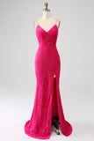 Vestido de fiesta largo de lentejuelas de lentejuelas de sirena fucsia brillante con cuello en V y abertura