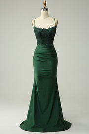 Sirena Halter Vestido de Graduación Verde Oscuro Con Apliques