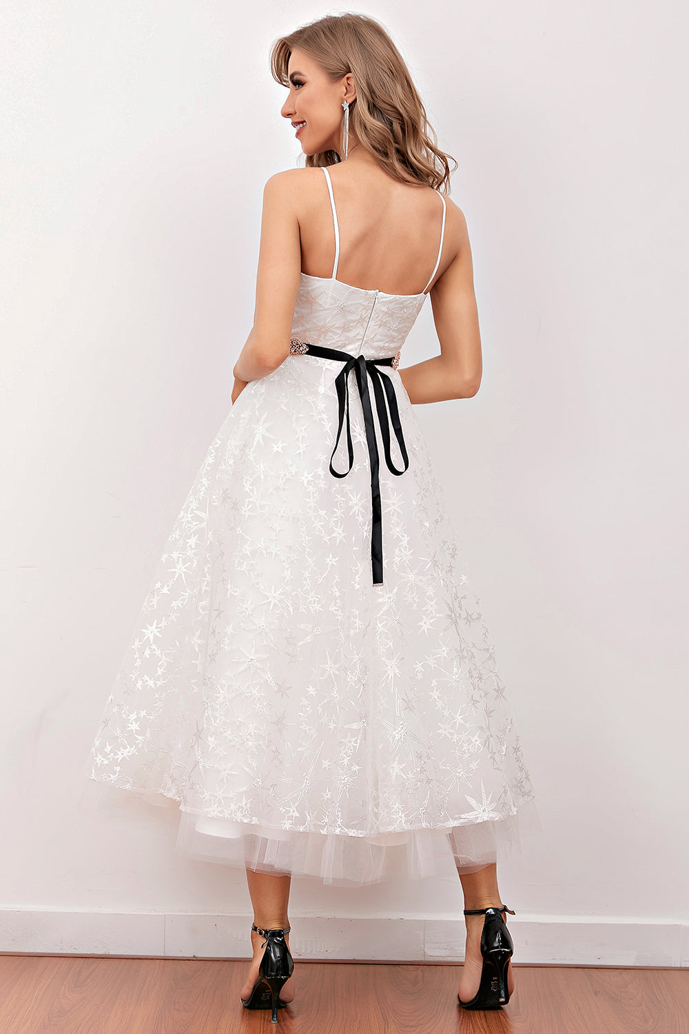 Vestido de novia de tirantes finos de encaje blanco (cinturón no incluido)