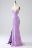 Vestido de fiesta de lentejuelas de lentejuelas con correas de sirena brillante con abertura