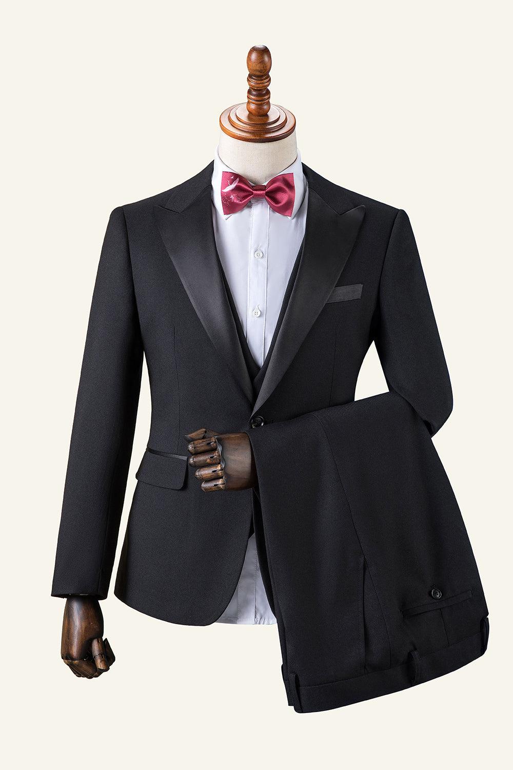 Esmoquin de traje de hombre de 3 piezas con solapa de pico negro