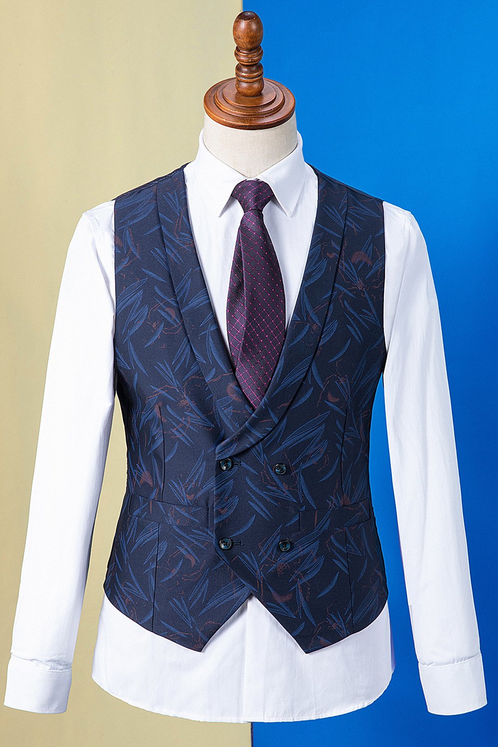 Esmoquin de traje de hombre de 3 piezas con estampado en solapa de pico azul oscuro