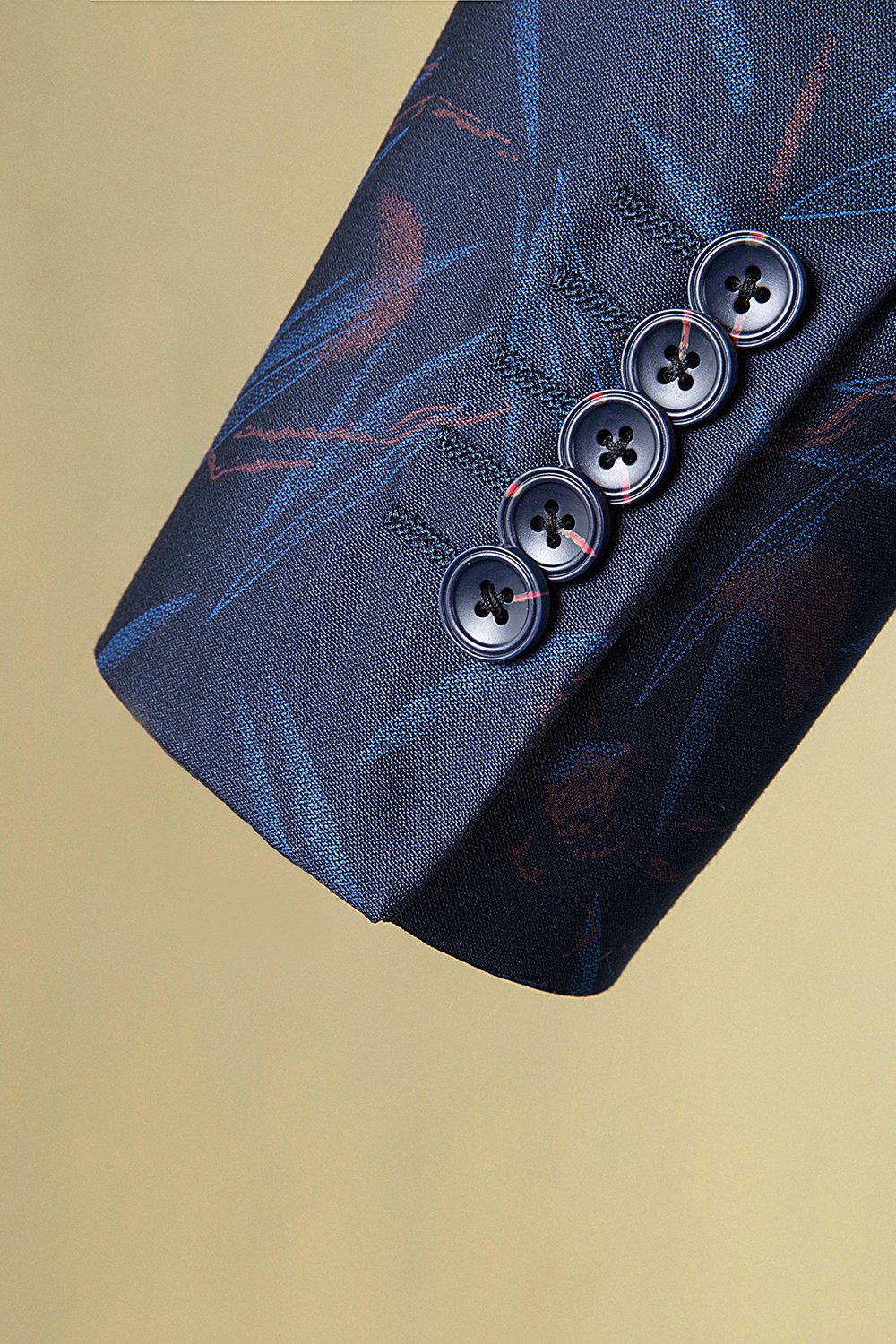 Esmoquin de traje de hombre de 3 piezas con estampado en solapa de pico azul oscuro