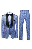 Trajes de fiesta para hombre de 3 piezas de jacquard de solapa azul claro