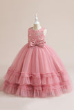 Vestido de niña en tul rubor con lazo de abalorios