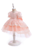 Vestido de niña de tul blanco una línea de manga corta con lazo