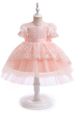 Vestido de niña de tul blanco una línea de manga corta con lazo