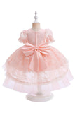 Vestido de niña de tul blanco una línea de manga corta con lazo